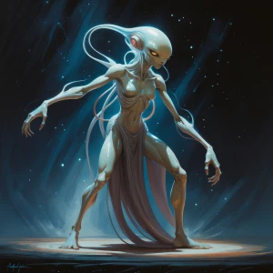 A mysterious, ethereal Martian figure, shrouded in shadows and e...