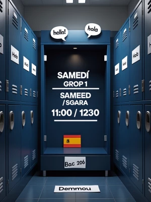 A modern and realistic 3D high school hallway scene, focusing on...