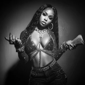 Make a bold professional style album cover art for female rapper...