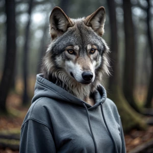Female grey wolf furry wearing a hoodie