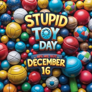 Banner states
“Stupid Toy Day
December 16”
(pile of silly, stran...
