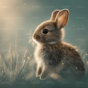 “ultra-realistic baby rabbit sitting in soft meadow grass, warm...