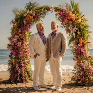 Two muscular men standing together on a sunlit tropical beach, p...