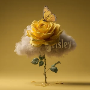 Yellow butterfly mixed into a rose while underneath a cloud form...