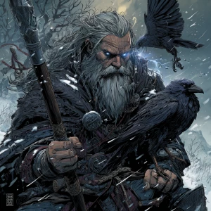 Full-body portrait of an ancient one-eyed warrior king, wearing...