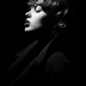 Ultra-realistic noir portrait of a mysterious woman, elegant vin...
