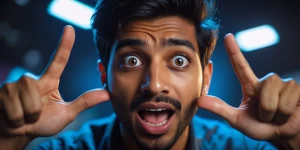 Ultra-realistic YouTube thumbnail, Indian male vlogger with exci...