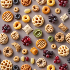 Generate a 2D image featuring an assortment of snacks arranged i...