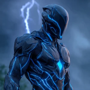 A futuristic armored superhero in a full-body black suit with gl...
