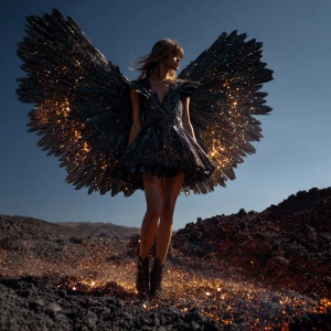 Surrealist couture photography, model standing in volcanic terra...