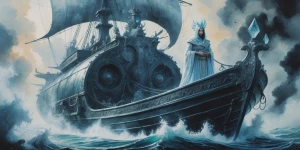 In the ethereal painting, a mythological temporal trawler emerge...