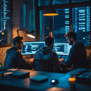 Developers coding in a start room including graphic designer
cod...