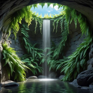 Whispering Fern Alcove: A rounded stone chamber, intimate and or...