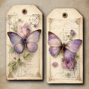 Victorian Mauve Rose Butterfly Tags – 2 Large Tags (A4 & US Lett...
