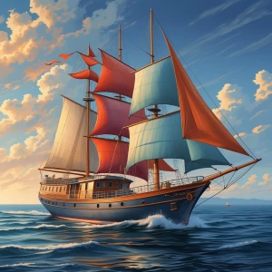 Barca a vela e casette colorate in lontananza stile fumetto real...