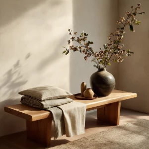 Generate a detailed image of a minimalist Japandi furniture setu...