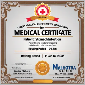 I want a medical certificate for stomach infection patient name...