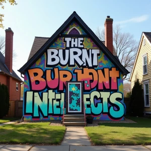 Create an image of a suburban house covered in graffiti that pro...