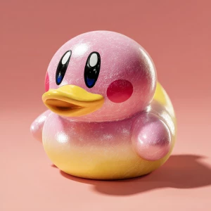 A cute pink and yellow rubber duck resembling kirby