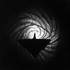 Amidst the swirling shadows of a regal chiaroscuro floating isla...