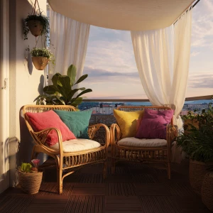 Create an image of a Scandinavian-style outdoor balcony featurin...