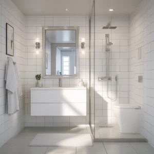 Create a realistic image of a small modern bathroom with an all-...