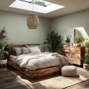 Photorealistic full-room shot of a sustainable eco-friendly bedr...