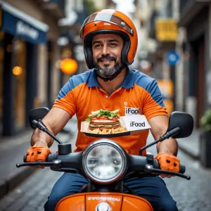 Cria a imagem de um motoqueiro super gostoso entregador de ifood