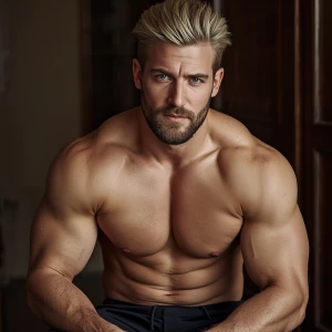 The image depicts a shirtless, muscular man with a well-defined...