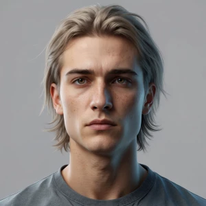 A 22-year-old man, clean-shaven, with medium-length light hair,...