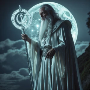 In the moon's pale light, a hauntingly majestic lunar sorcerer s...