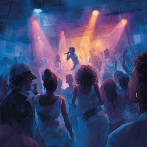 Generate a wide-angle shot of a nightclub scene showing a group...