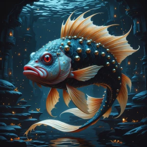 In the shadows of a murky underwater palace, a gothic luxurious...