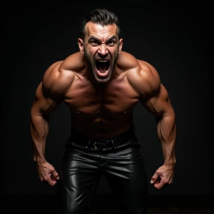 The image depicts a close-up portrait of a shirtless male figure...
