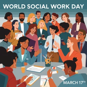 Illustrate a scene for World Social Work Day on March 17th: Show...