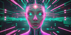 A luminously glitching digital oracle, every pixel pulsates with...