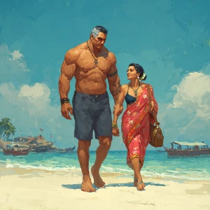 Realism,a muscular sweaty indian  villain man, walking  with his...