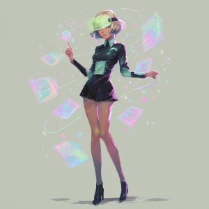 Anime woman math-sorceress, sleek bob, holo-visor displaying ( )...