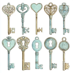 Create a transparent PNG clipart set of 16 separate elements (ea...