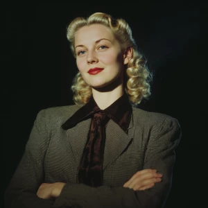 Blonde haired woman in thr 1950s in proper attire
