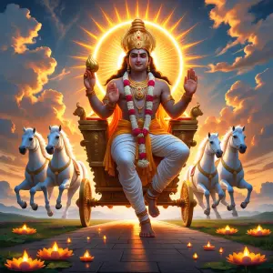 A divine illustration of Surya Dev, the Hindu Sun God, sitting m...