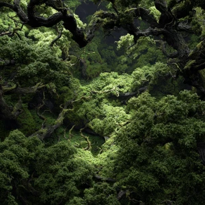 A hyper-realistic, high-angle photography shot of a dense, dark...