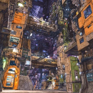 In a vividly intricate digital dystopia, a towering cybernetic c...