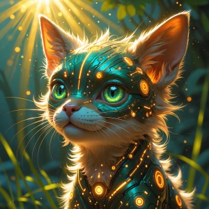 In the ethereal glow of sunlight, a divine solarpunk digital pet...