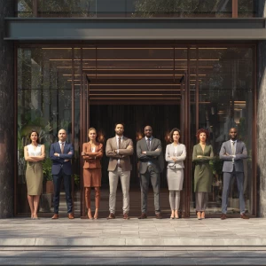 Capture a scene where 10 diverse employees are standing confiden...