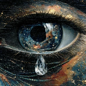 Surrealism. Extreme close-up. A single, crystalline tear falls f...