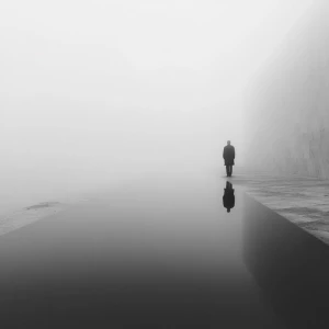 Monochrome figure in fog, poetic mood
