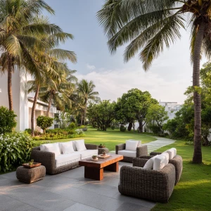 Capture a high-end modern villa's lush lawn with a wide-angle vi...