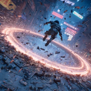 “A cyberpunk warrior launches from a shattered rooftop, leaving...