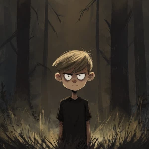 Generate a dark cartoon-style image of a boy in a forest setting...